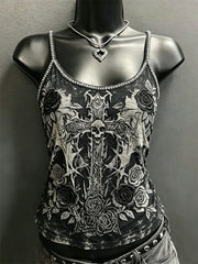 Women's Rock Style Skull Cross & Roses Print Spaghetti-Strap Tank Top