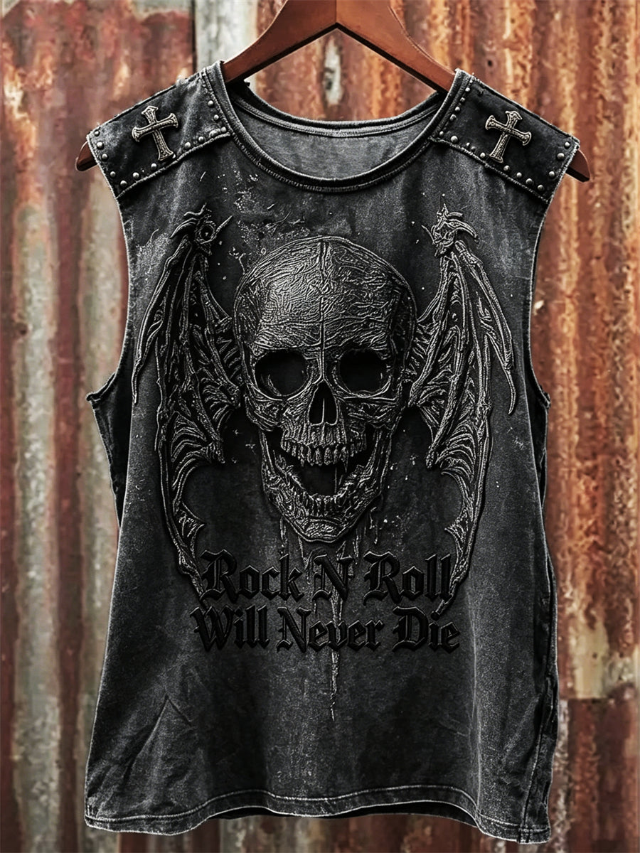 Men's Rock N Roll Will Never Die Dark Evil Skull Print Racket Vest