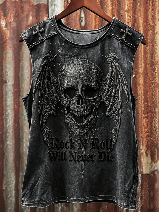 Men's Rock N Roll Will Never Die Dark Evil Skull Print Racket Vest