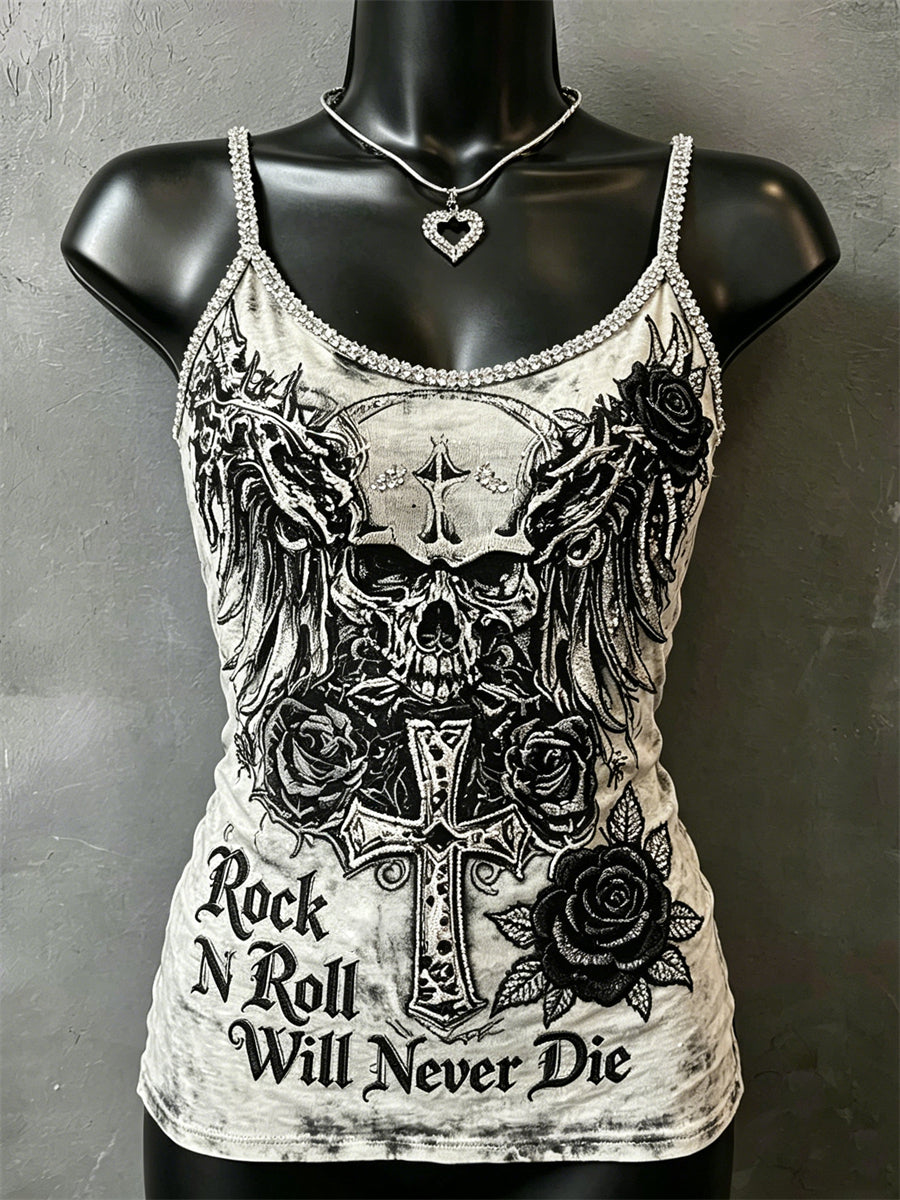 Women's Rock N Roll Will Never Die Skull Cross & Roses Print Spaghetti-Strap Tank Top