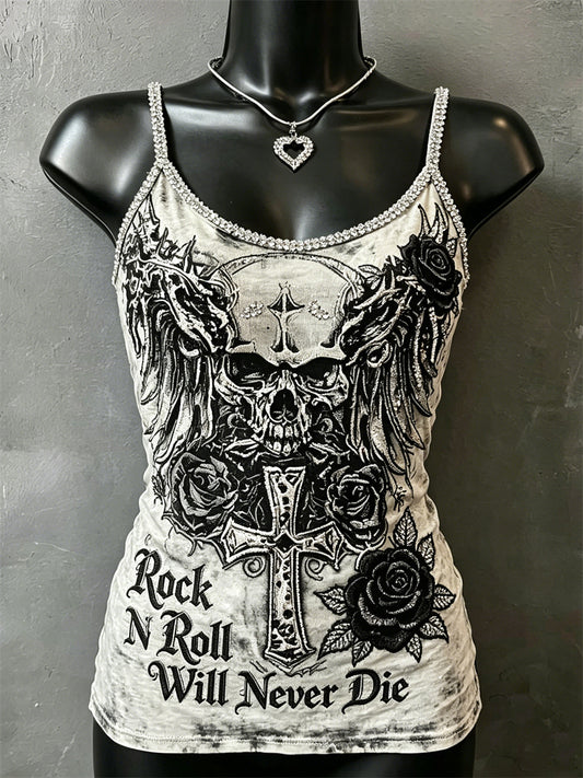 Women's Rock N Roll Will Never Die Skull Cross & Roses Print Spaghetti-Strap Tank Top