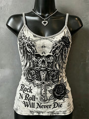 Women's Rock N Roll Will Never Die Skull Cross & Roses Print Spaghetti-Strap Tank Top