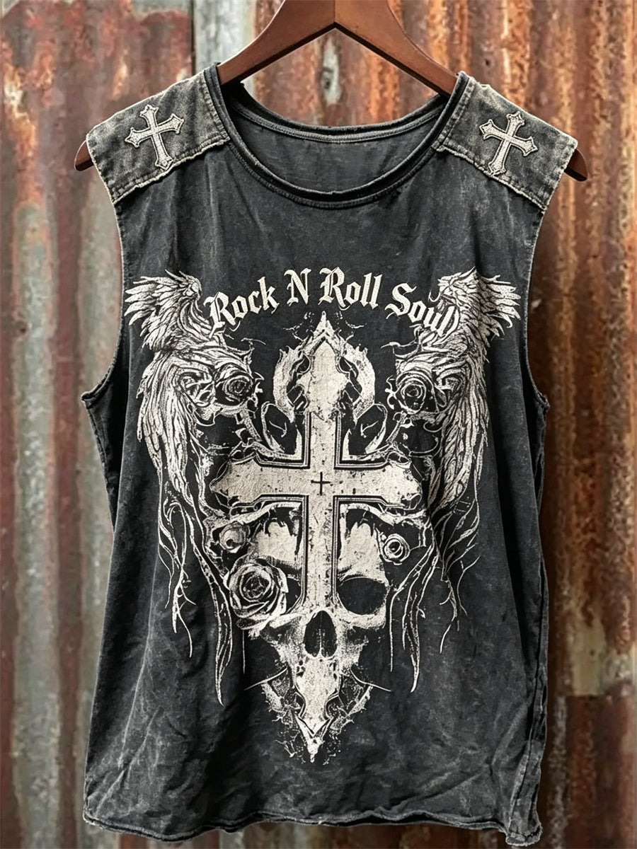 Men's Rock N Roll Soul Skull Cross with Wings Print Racket Vest
