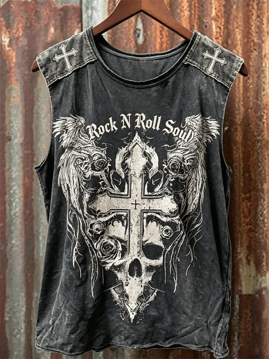 Men's Rock N Roll Soul Skull Cross with Wings Print Racket Vest