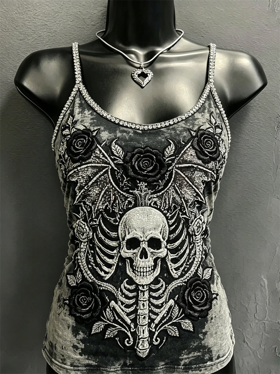 Women's Rock Style Skull with Bat Wings Roses Print Spaghetti-Strap Tank Top
