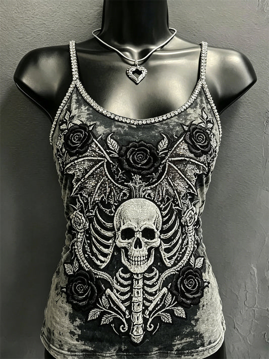 Women's Rock Style Skull with Bat Wings Roses Print Spaghetti-Strap Tank Top