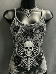 Women's Rock Style Skull with Bat Wings Roses Print Spaghetti-Strap Tank Top