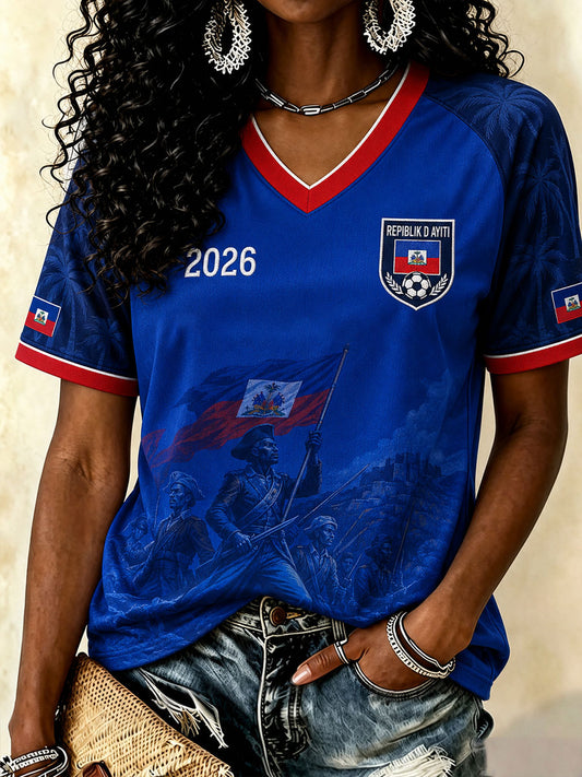 Women's Haiti Football V-Neck T-Shirts