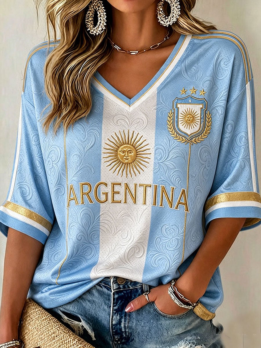 Women's Argentina Football Mid-length Sleeves V-Neck T-Shirt