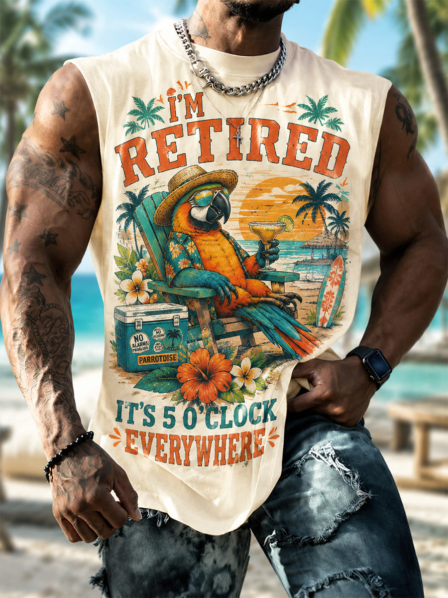 Men's I'm Retired It's 5 O'clock Everywhere Parrot Print Casual Shorts Vest