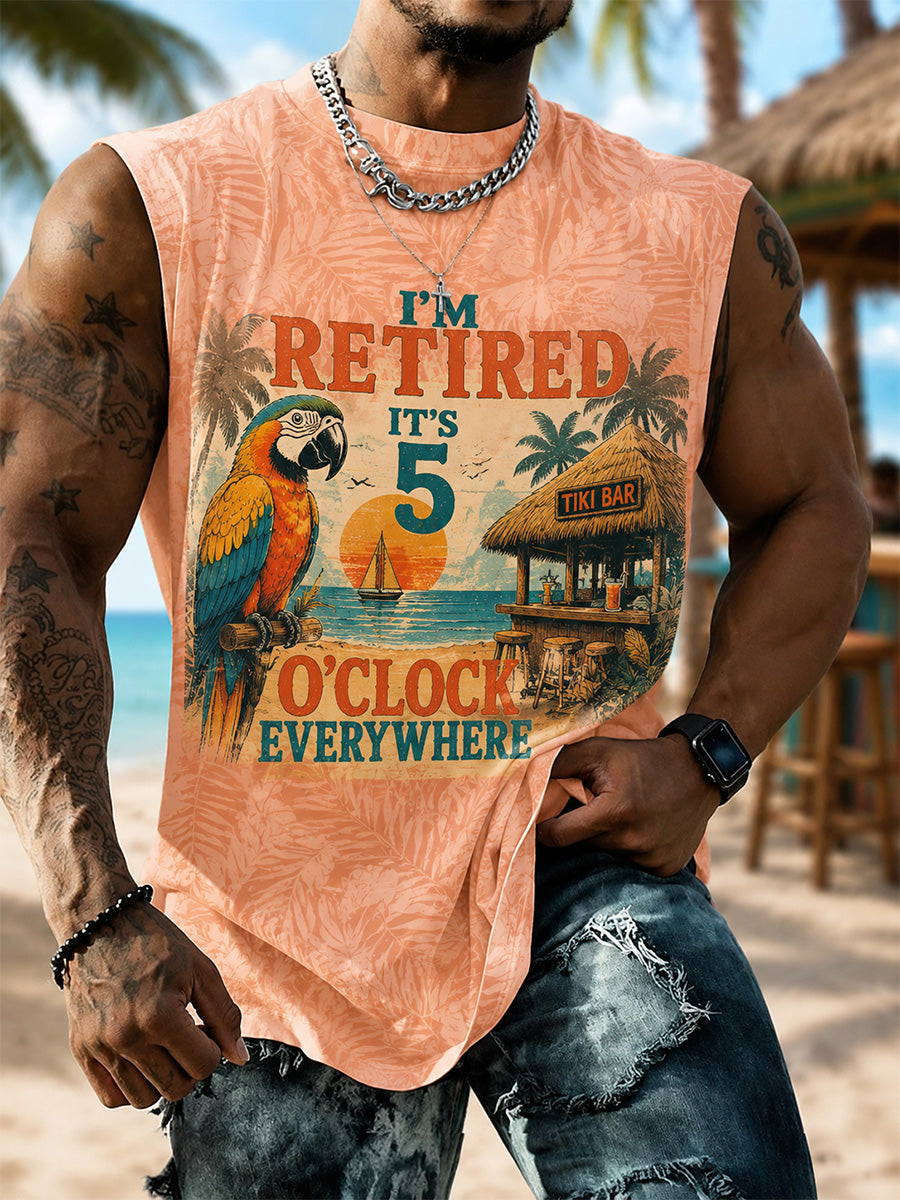 Men's I'm Retired It's 5 O'clock Everywhere Parrot Print Casual Shorts Vest