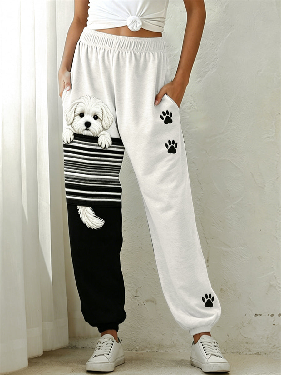 Women's Lovely Peeking Maltese Dog & Paw Prints Colorblock Print Sweatpants