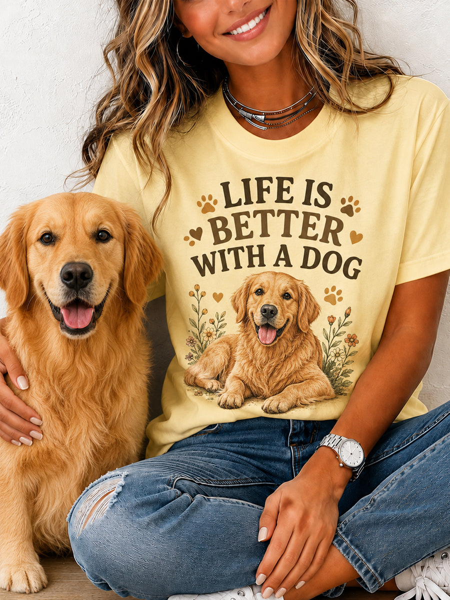 Women's Life Is Better With A Dog Print Gift For Pet Lovers Casual Tee