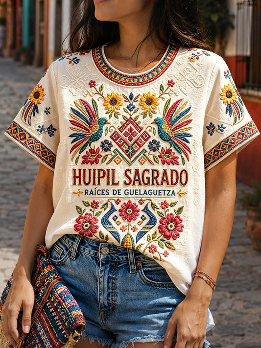 Women's Guelaguetza Mexico Art Printed Linen T-shirt
