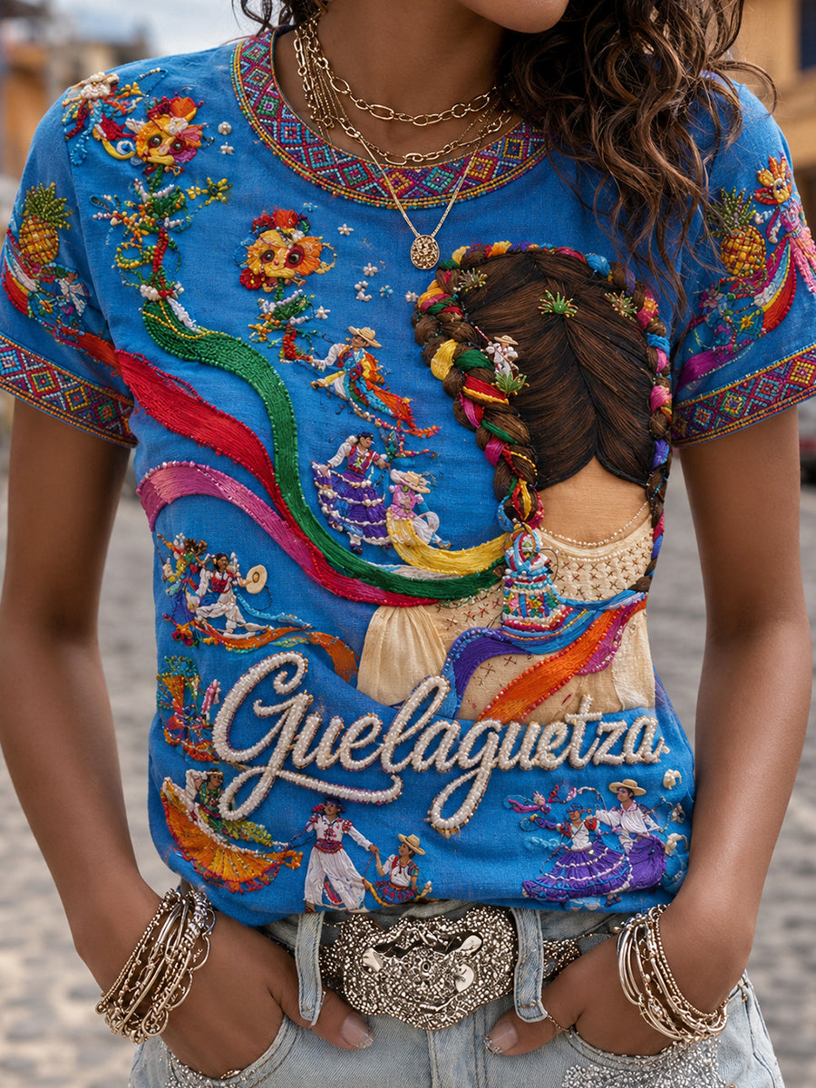 Women's Guelaguetza Mexico Art Printed Linen T-shirt