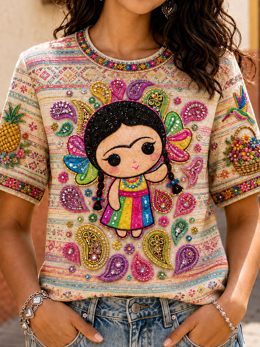 Women's Mexico Guelaguetza Lele Doll Art Printed T-shirt