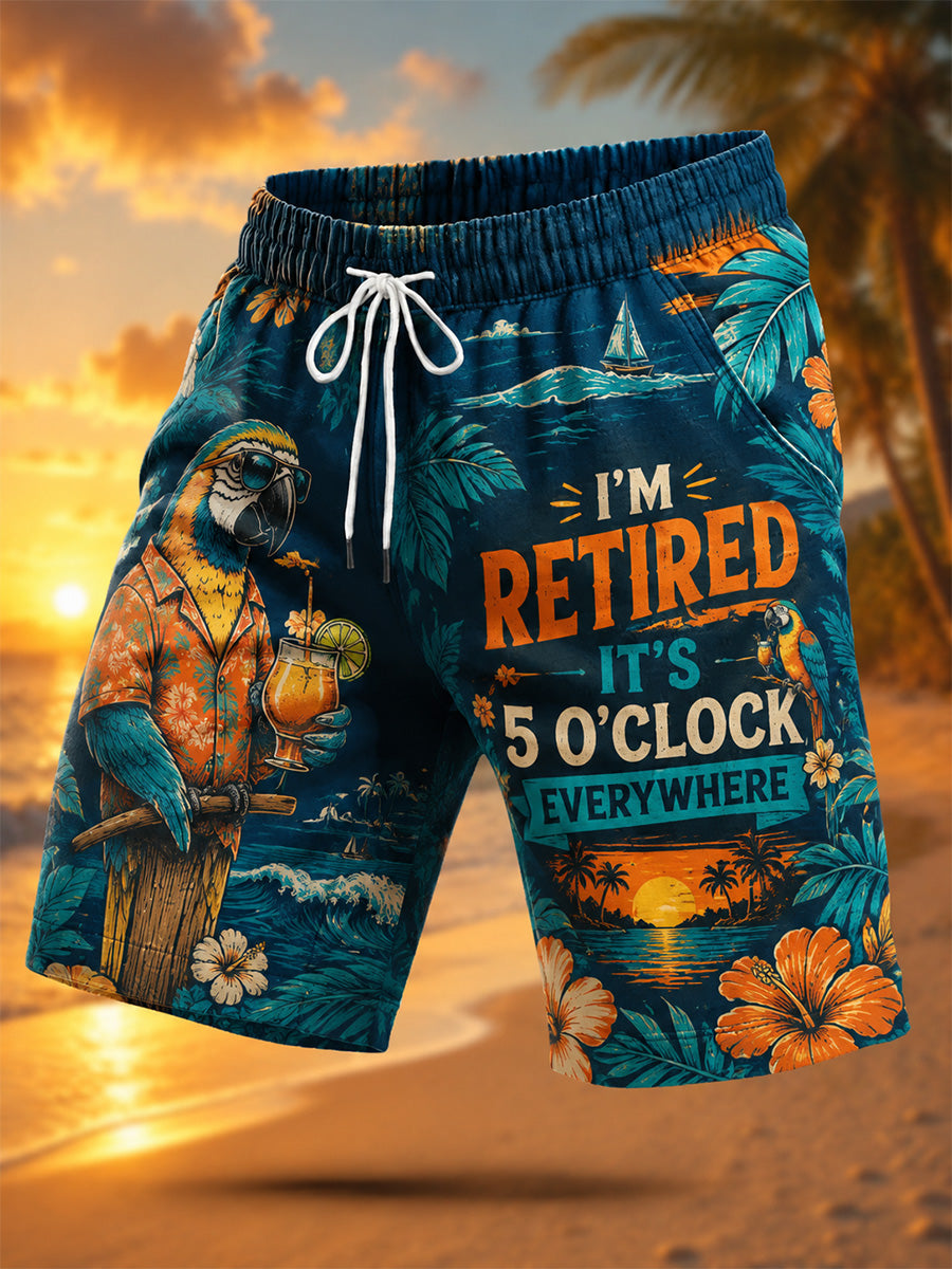 Men's I'm Retired It's 5 O'clock Everywhere Parrot Print Casual Shorts