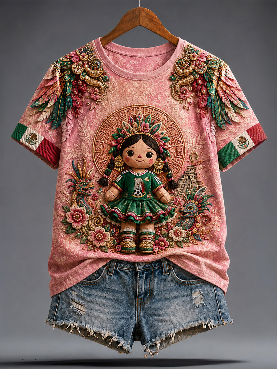 Women's Mexico Football Lover Lele Doll Art Printed T-shirt
