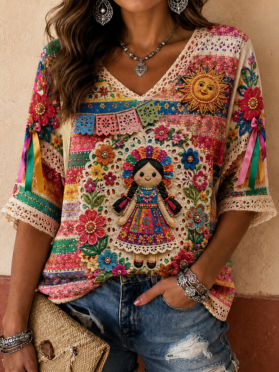Women's Mexico Guelaguetza Lele Doll Art Printed Linen T-shirt