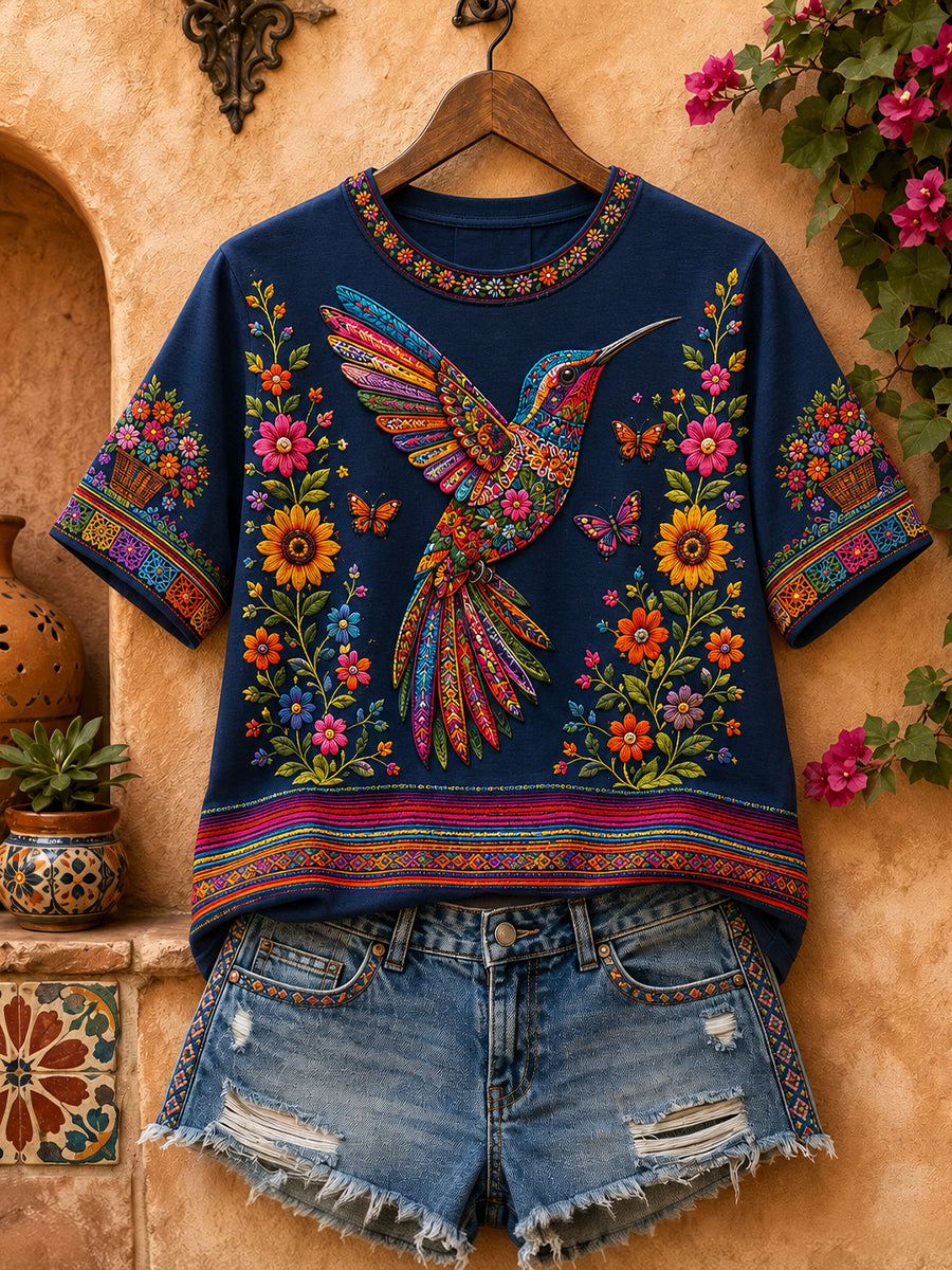 Women's Mexico Guelaguetza Hummingbird Art Printed Linen T-shirt