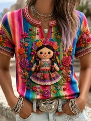 Women's Mexico Guelaguetza Lele Doll Art Printed Linen T-shirt