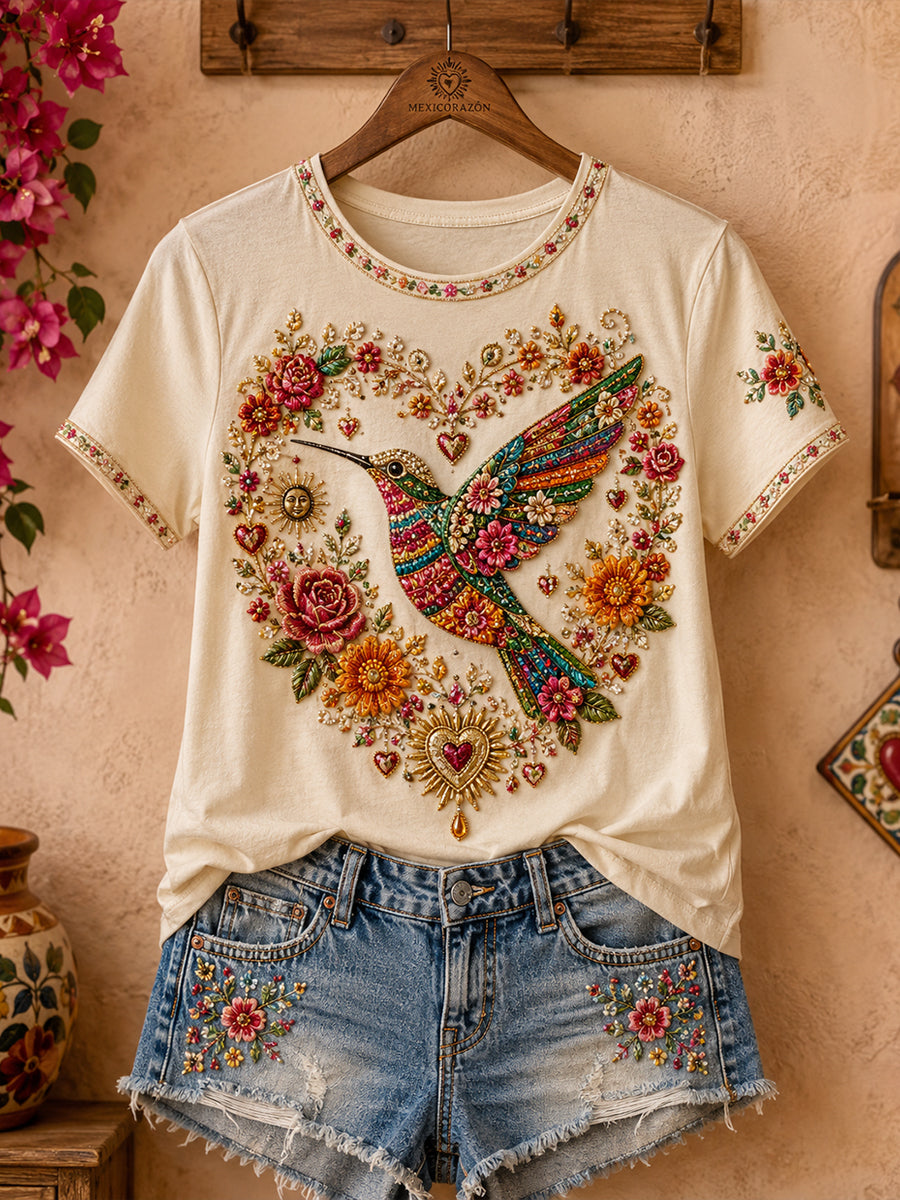 Women's Mexico Guelaguetza Hummingbird Art Printed Linen T-shirt