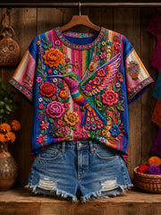 Women's Mexico Guelaguetza Hummingbird Art Printed Linen T-shirt