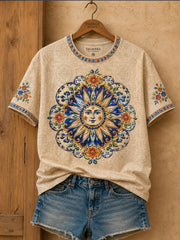 Women's Mexico Guelaguetza Talavera Art Printed Linen T-shirt