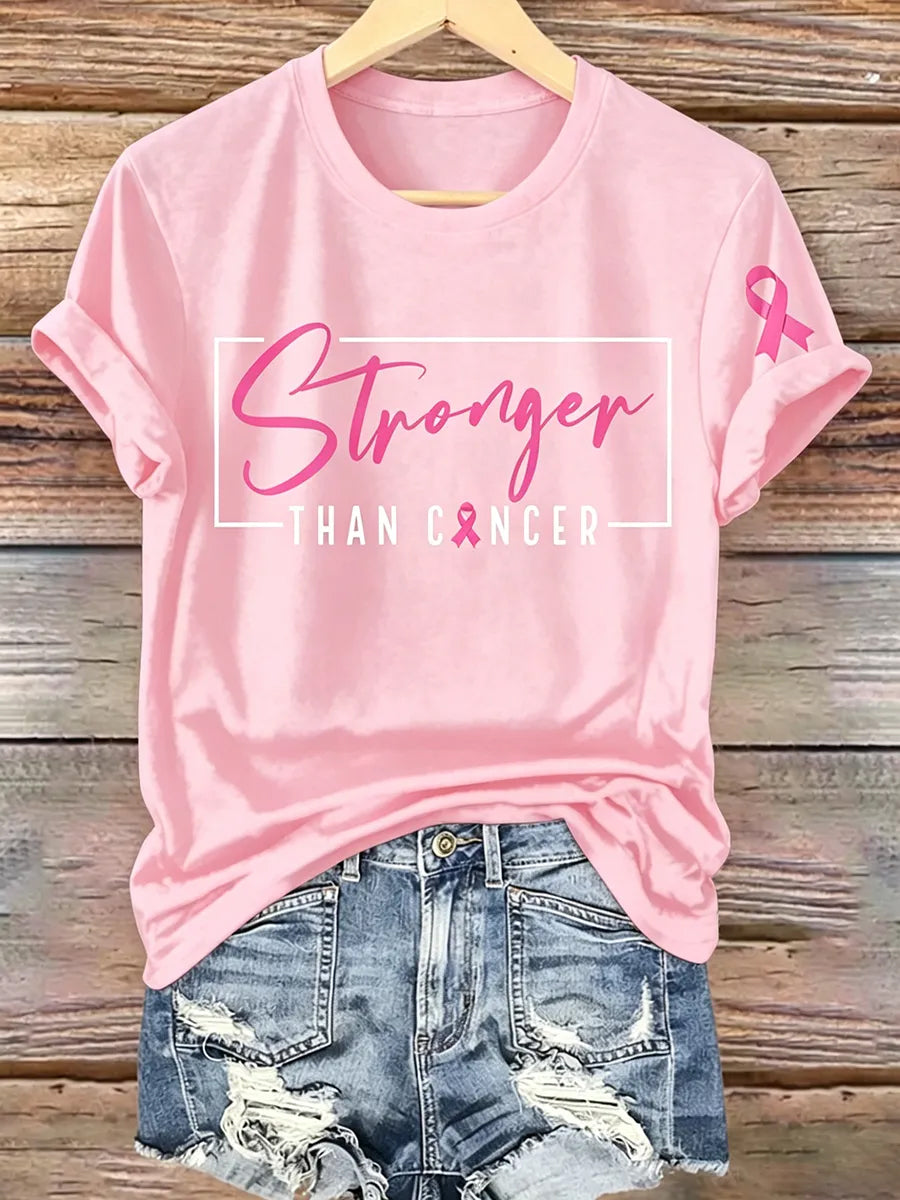 Women'S Breast Cancer Awareness  Pink Ribbon Printing Short Sleeved T-Shirt