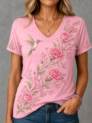 Women's Pink Floral & Hummingbird Print Breast Cancer Awareness Support V-Neck Tee