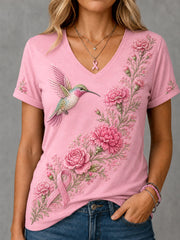 Women's Pink Floral & Hummingbird Print Breast Cancer Awareness Support V-Neck Tee