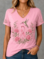 Women's Pink Floral & Hummingbird Print Breast Cancer Awareness Support V-Neck Tee