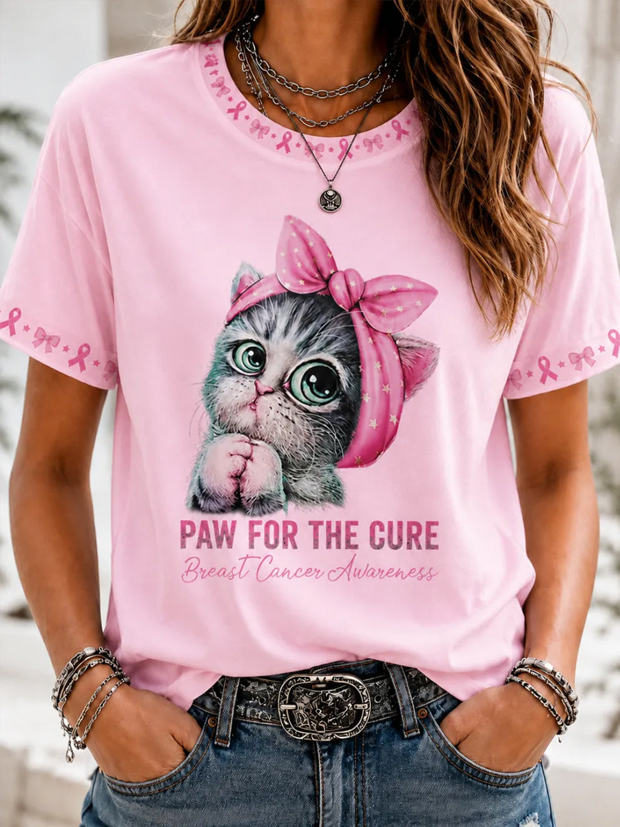 Women'S Breast Cancer Awareness Cute Cat Pink Ribbon Printing Short Sleeved T-Shirt