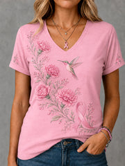 Women's Pink Floral & Hummingbird Print Breast Cancer Awareness Support V-Neck Tee
