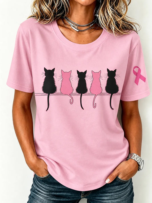 Women'S Breast Cancer Awareness Cute Cat Pink Ribbon Printing Short Sleeved T-Shirt