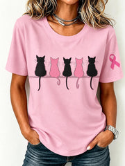 Women'S Breast Cancer Awareness Cute Cat Pink Ribbon Printing Short Sleeved T-Shirt