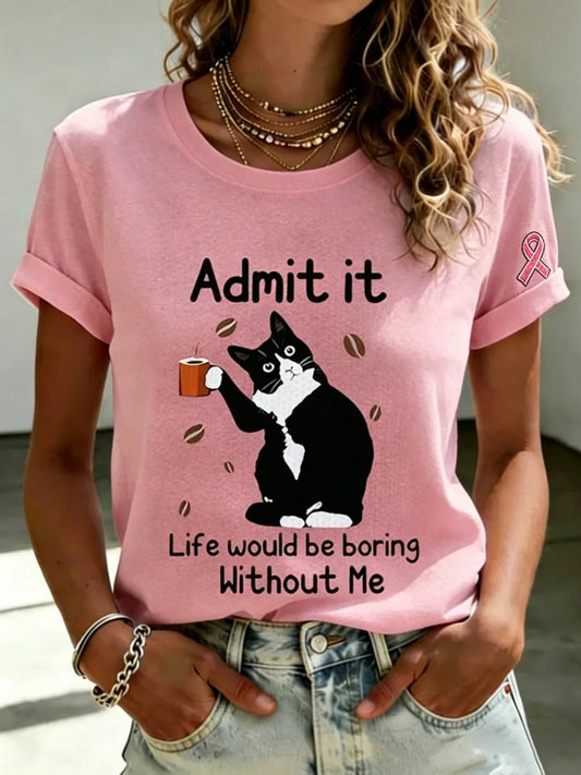 Women'S Breast Cancer Awareness Cute Cat Pink Ribbon Printing Short Sleeved T-Shirt