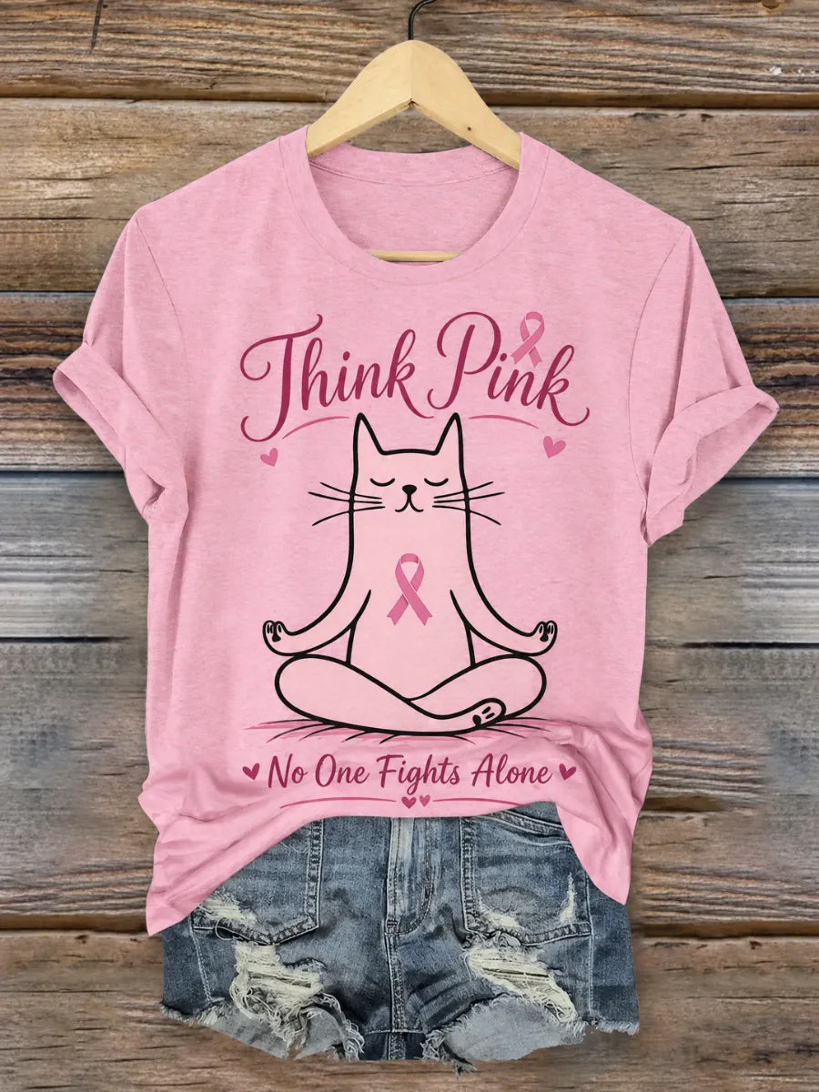 Women'S Breast Cancer Awareness Cute Cat Pink Ribbon Printing Short Sleeved T-Shirt