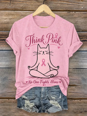 Women'S Breast Cancer Awareness Cute Cat Pink Ribbon Printing Short Sleeved T-Shirt
