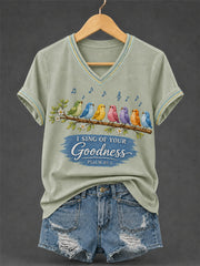 Women's I Will Sing Of The Goodness Of God Psalm 89:1 Christian Bird Print Casual V-Neck Tee