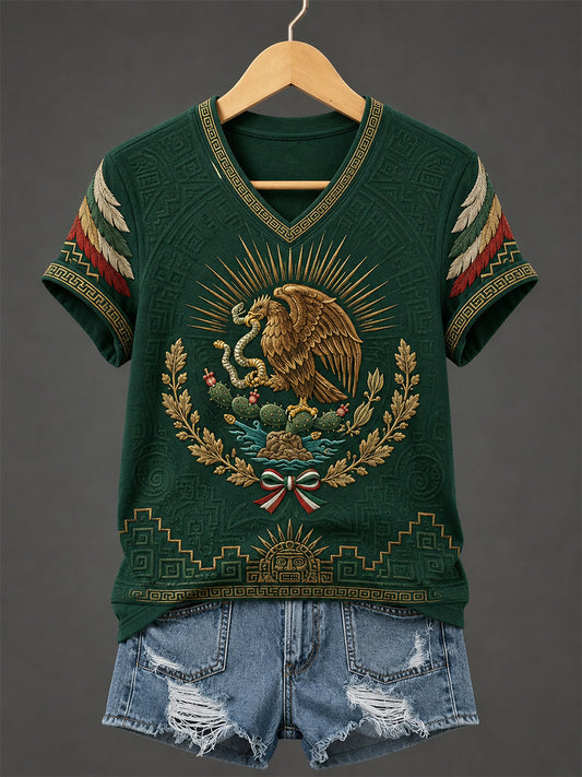 Women's Mexican Pride Print Casual V-Neck Tee