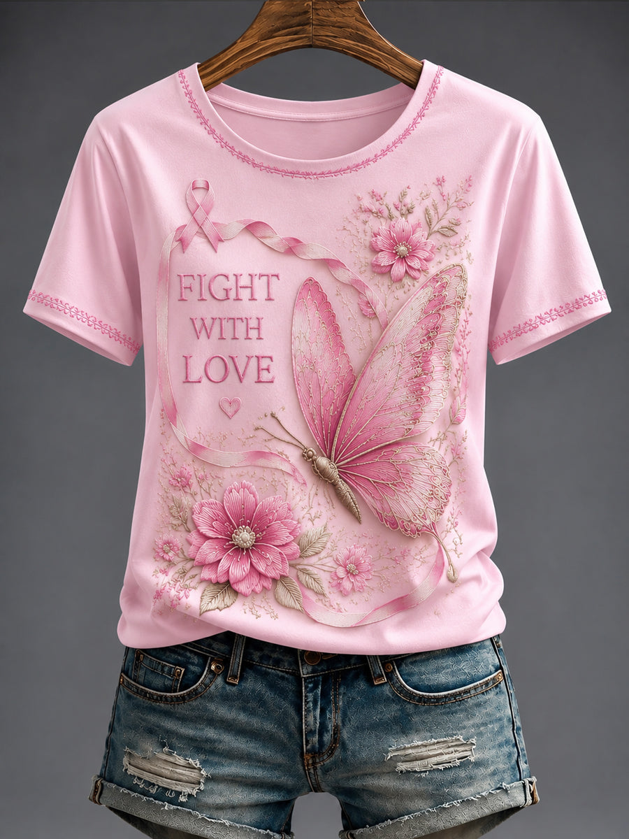 Women's Breast Cancer Pink Flowers Printed T-shirt