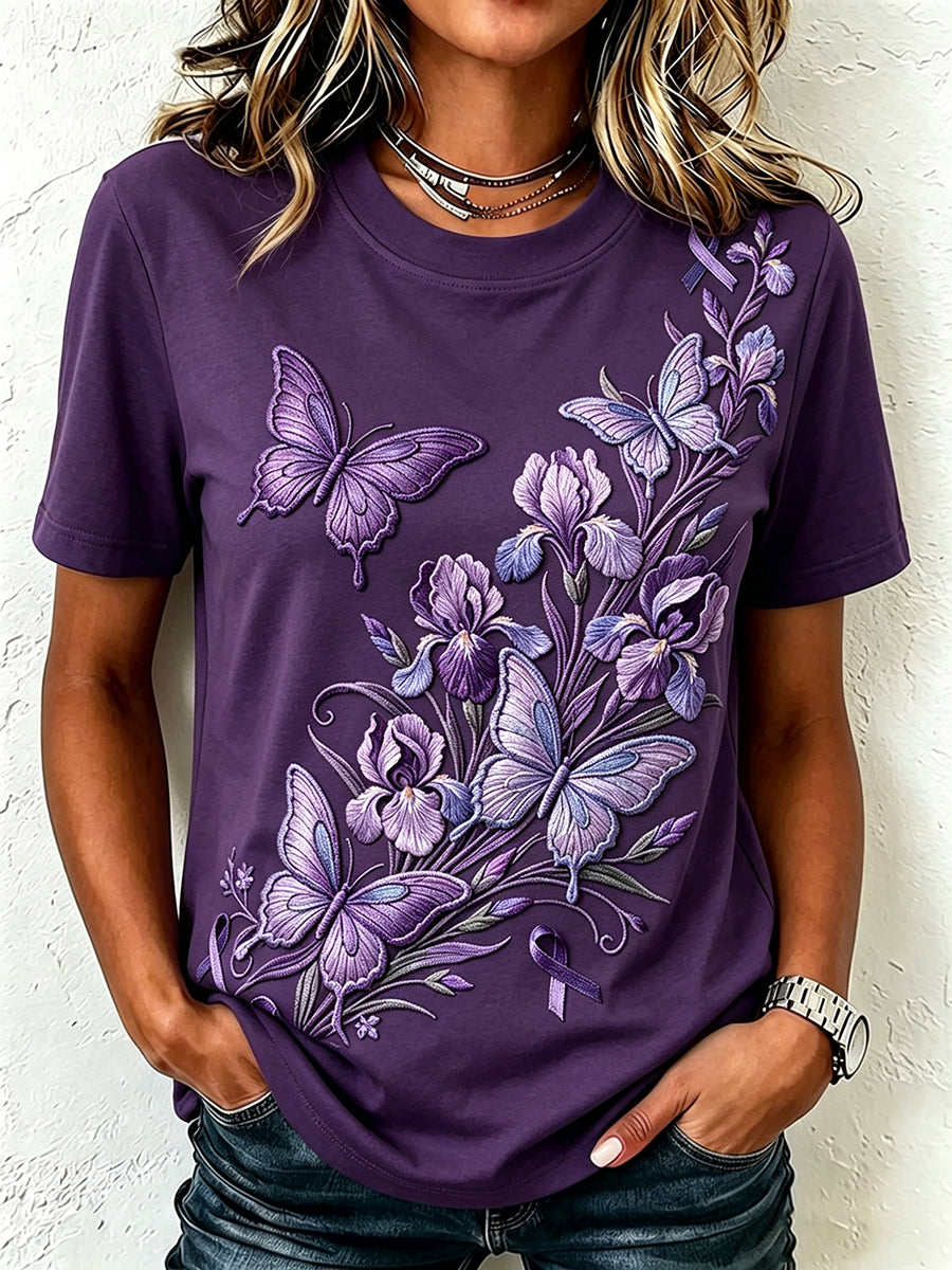 Women's Iris Flower Butterfly Purple Ribbon Print Short-sleeved T-shirt