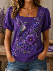 Women's Purple Floral & Hummingbird Print Alzheimer's Awareness Support Shirt