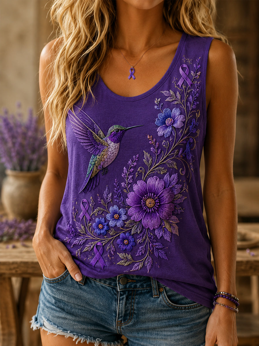 Women's Purple Floral & Hummingbird Print Alzheimer's Awareness Support Vest