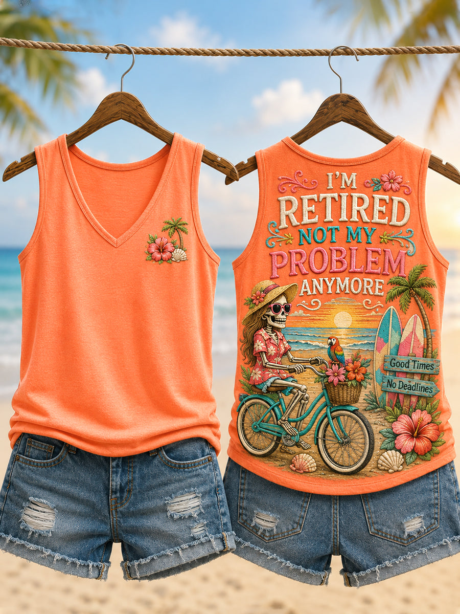 Women's Funny I'm Retired Not My Problem Anymore Skeleton Print Casual Vest