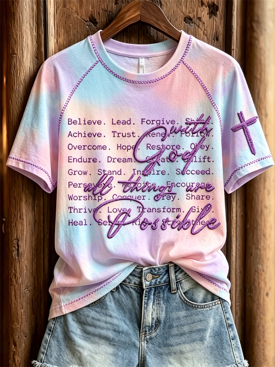 Women's With God All Things Are Possible Cross Print Gradient Color short sleeve T-shirt