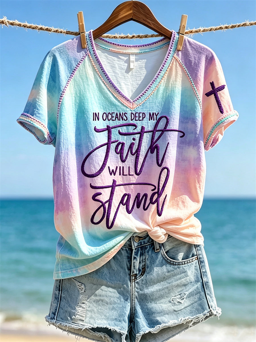 Women's In Oceans Deep My Faith Will Stand Seascape Tie Dye Print short-sleeved T-shirt
