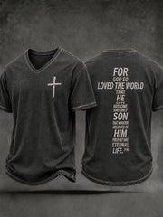 Men's Christian John 3:16 For God So Loved The World Cross Short Sleeve V-neck T-shirt