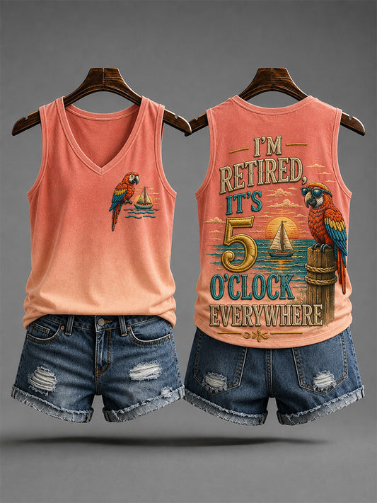 Women's I'm Retired It's 5 O'clock Everywhere Parrot Print Casual V-Neck Vest
